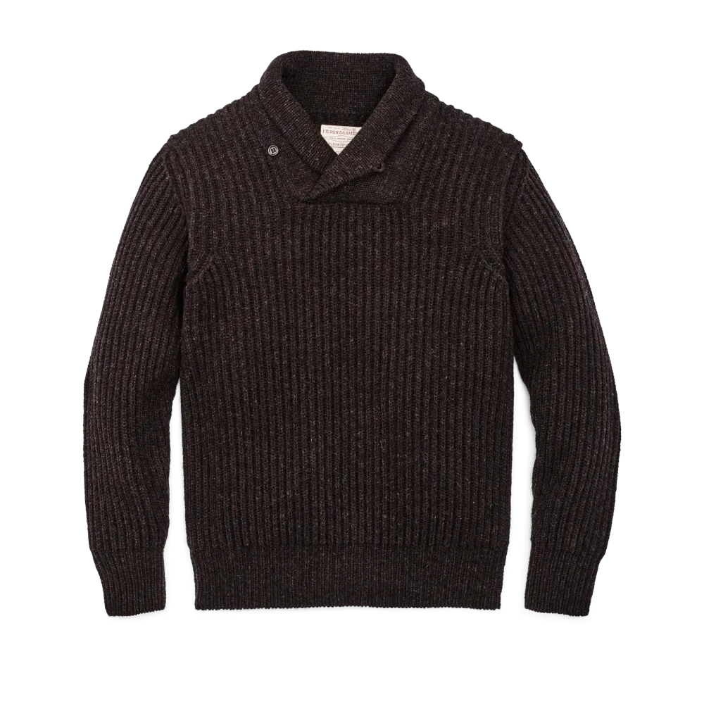 Bristol Shawl Neck Sweater  - Dark Brown Heather